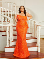 Vestido de Festa Plus Size Sem Alças com Lantejoulas e Cauda de Sereia - PWY46