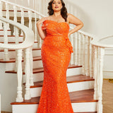 Vestido de Festa Plus Size Sem Alças com Lantejoulas e Cauda de Sereia - PWY46