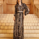 Abayas Pretas com Lantejoulas e Decote em V - Estilo Tribal MES72195