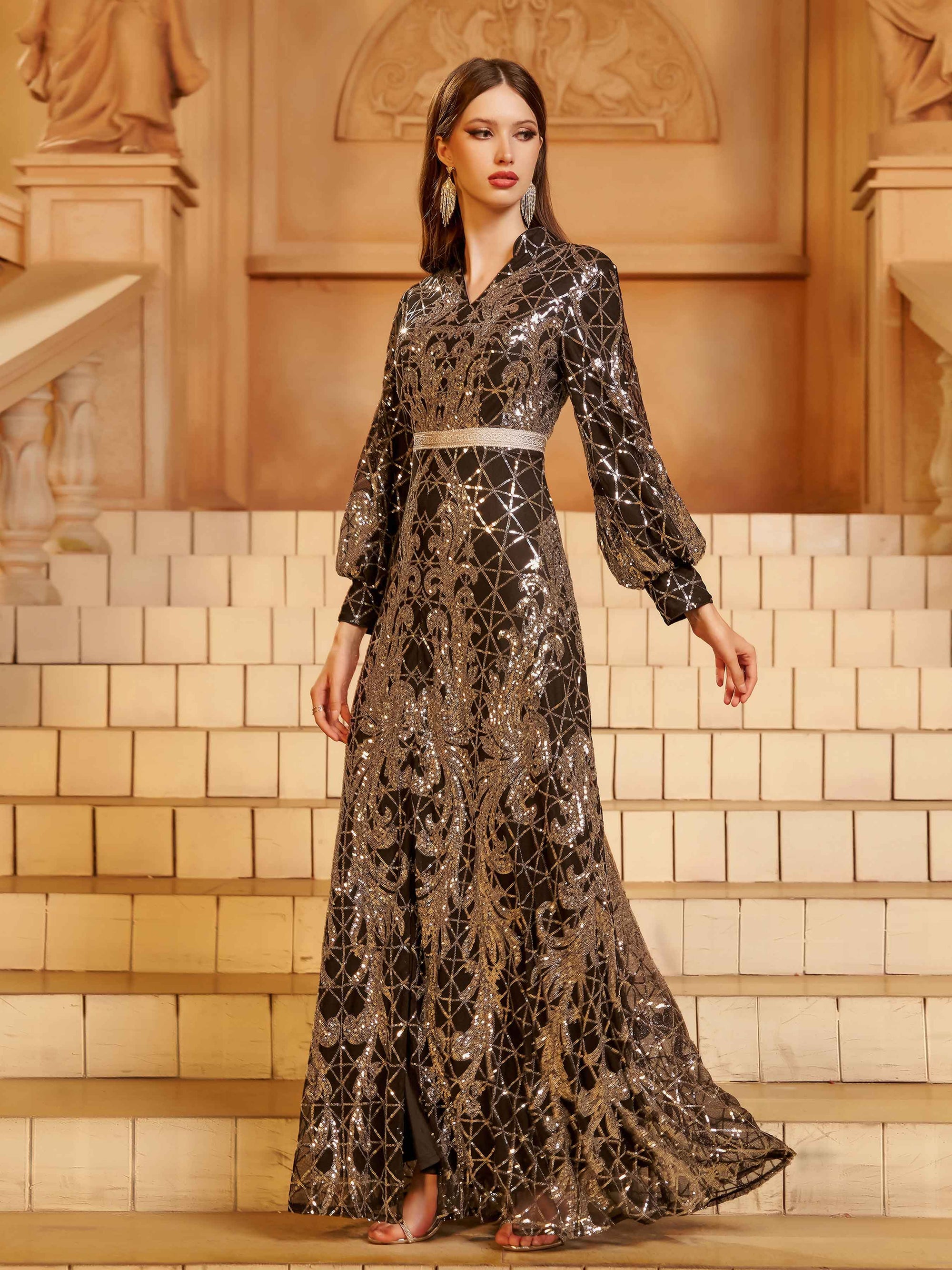 Abayas Pretas com Lantejoulas e Decote em V - Estilo Tribal MES72195