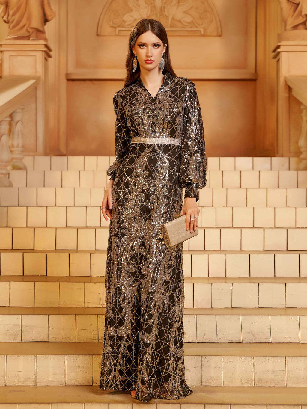 Abayas Pretas com Lantejoulas e Decote em V - Estilo Tribal MES72195