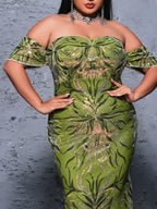 Vestido de Lantejoulas Florido Plus Size Off Shoulder para Mermaids - PRX70076