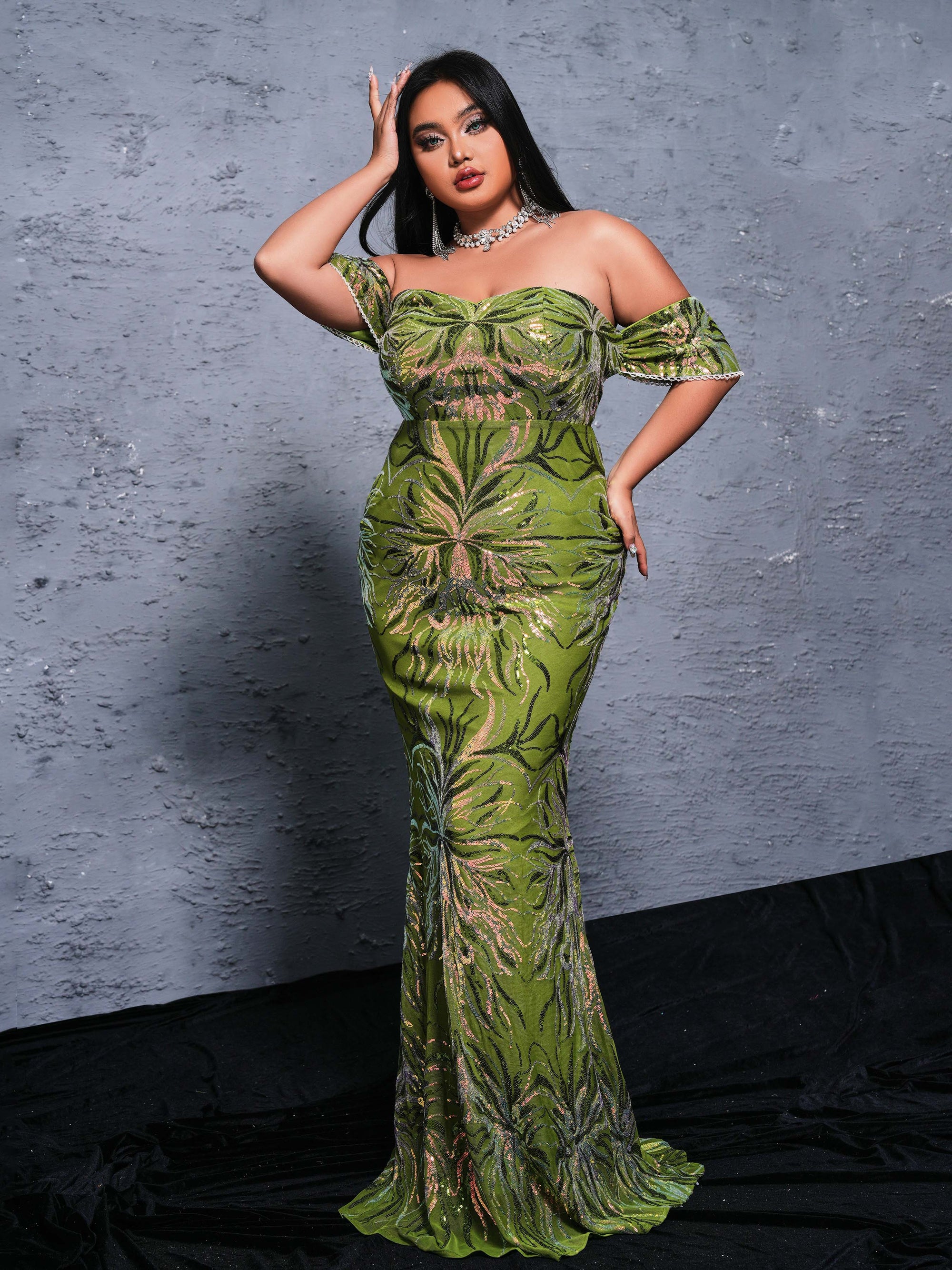 Vestido de Lantejoulas Florido Plus Size Off Shoulder para Mermaids - PRX70076