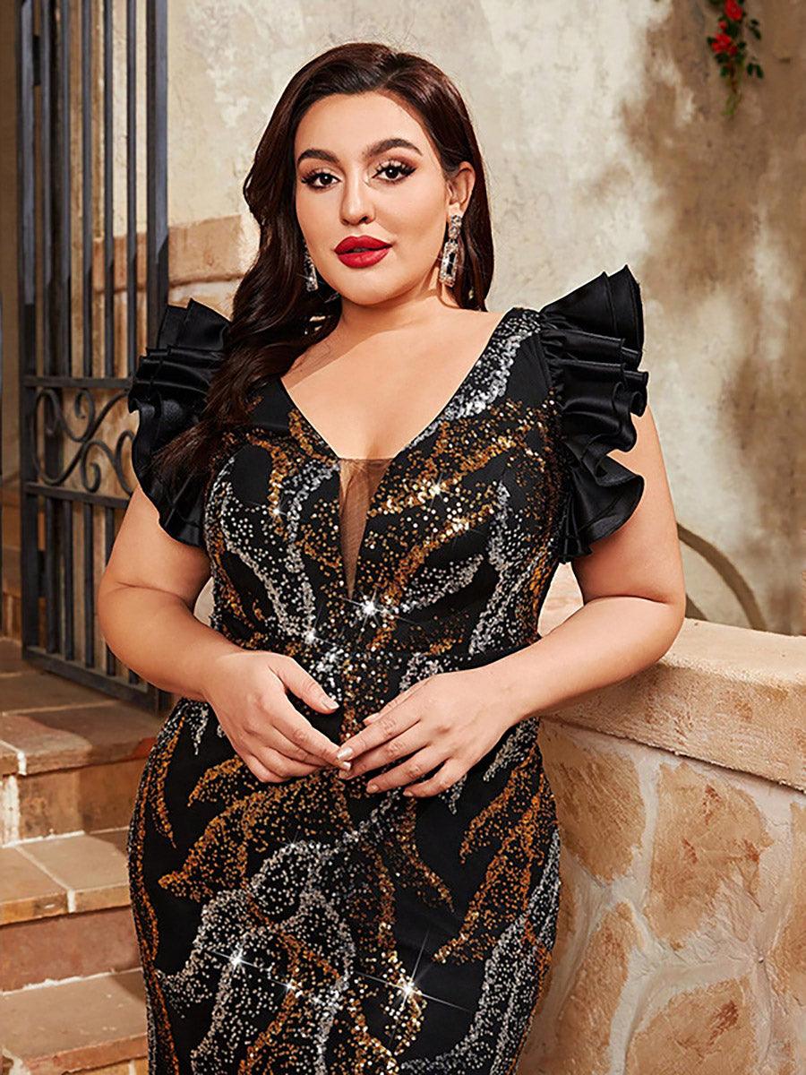 Vestido de Festa Plus Size V-neck Geométrico com Lantejoulas - Estilo Elegante para Ocasiões Especiais