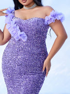 Vestido Formal Plus Size Sereia Roxo Sem Mangas - Modelo PRJ10811