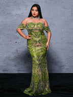 Vestido de Lantejoulas Florido Plus Size Off Shoulder para Mermaids - PRX70076