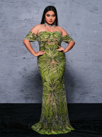 Vestido de Lantejoulas Florido Plus Size Off Shoulder para Mermaids - PRX70076