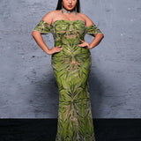 Vestido de Lantejoulas Florido Plus Size Off Shoulder para Mermaids - PRX70076
