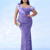 Vestido Formal Plus Size Sereia Roxo Sem Mangas - Modelo PRJ10811